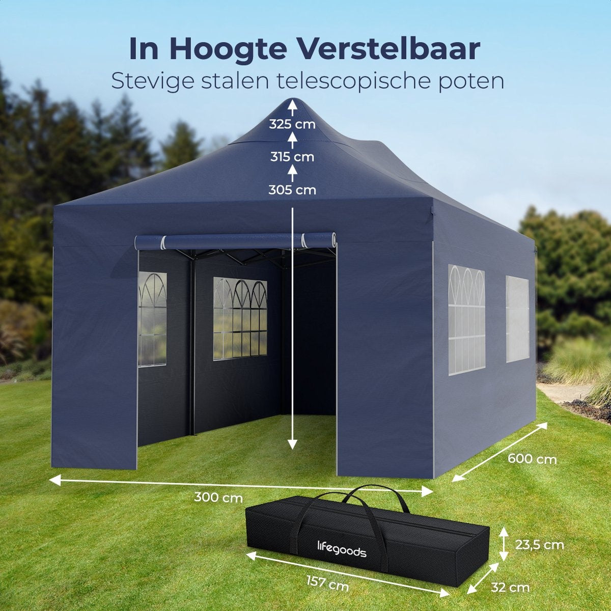 LifeGoods Partytent - Paviljoen - EasyUp - Opvouwbaar - 4 Zijwanden - Waterdicht - Met Draagtas met wieltjes - 300 x 600 cm - Donkerblauw