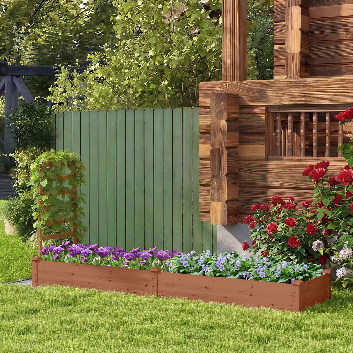 Coast Verhoogd Bloembed met Klimrek - Plantenbak met 2 Vakken - Natuurlijk Dennenhout - 235 x 63 x 102 cm