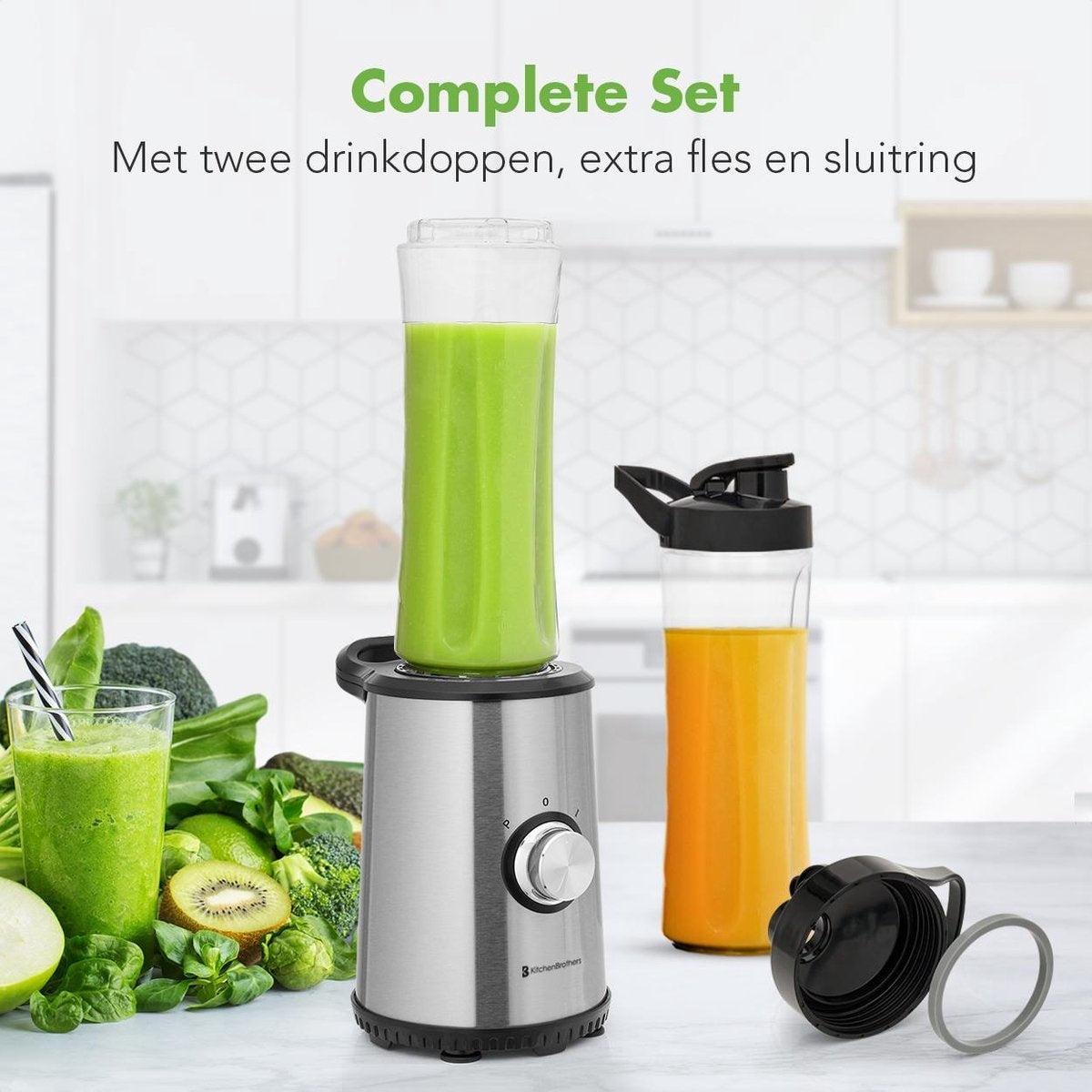 KitchenBrothers Mini Blender - Smoothie Maker - 2 To-Go Bekers - 350W - RVS