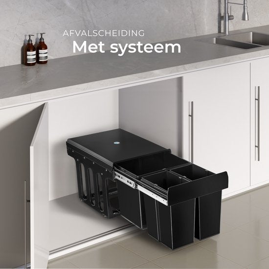 tectake® Afvalverzamelaar - Inbouw vuilnisbak - Meervoudige afvalscheiding - Efficiënte opruimoplossing voor keuken en kantoor - Driedubbele prullenbak met telescooprails - 2x 8L + 1x 15L