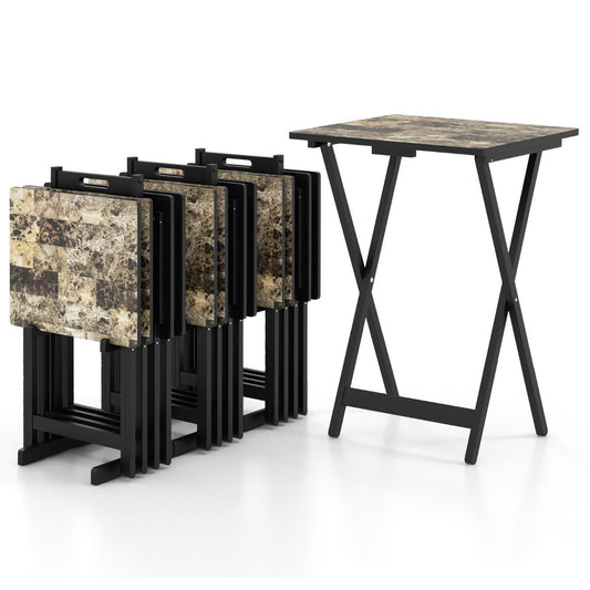 Coast 4-delige Klaptafelset TV-Snacktafel - Inklapbaar, Met Opbergstandaard, Marmerlook - 48 x 40 x 67 cm - MDF/Rubberhout - Zwart