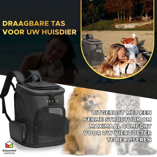 Toivo Hondenrugzak - Dieren Draagtas - 40 x 33 x 26 cm - Zwart - Tot 8kg - Katten Rugzak - Transport - Reistas Kat - Honden Draagtas