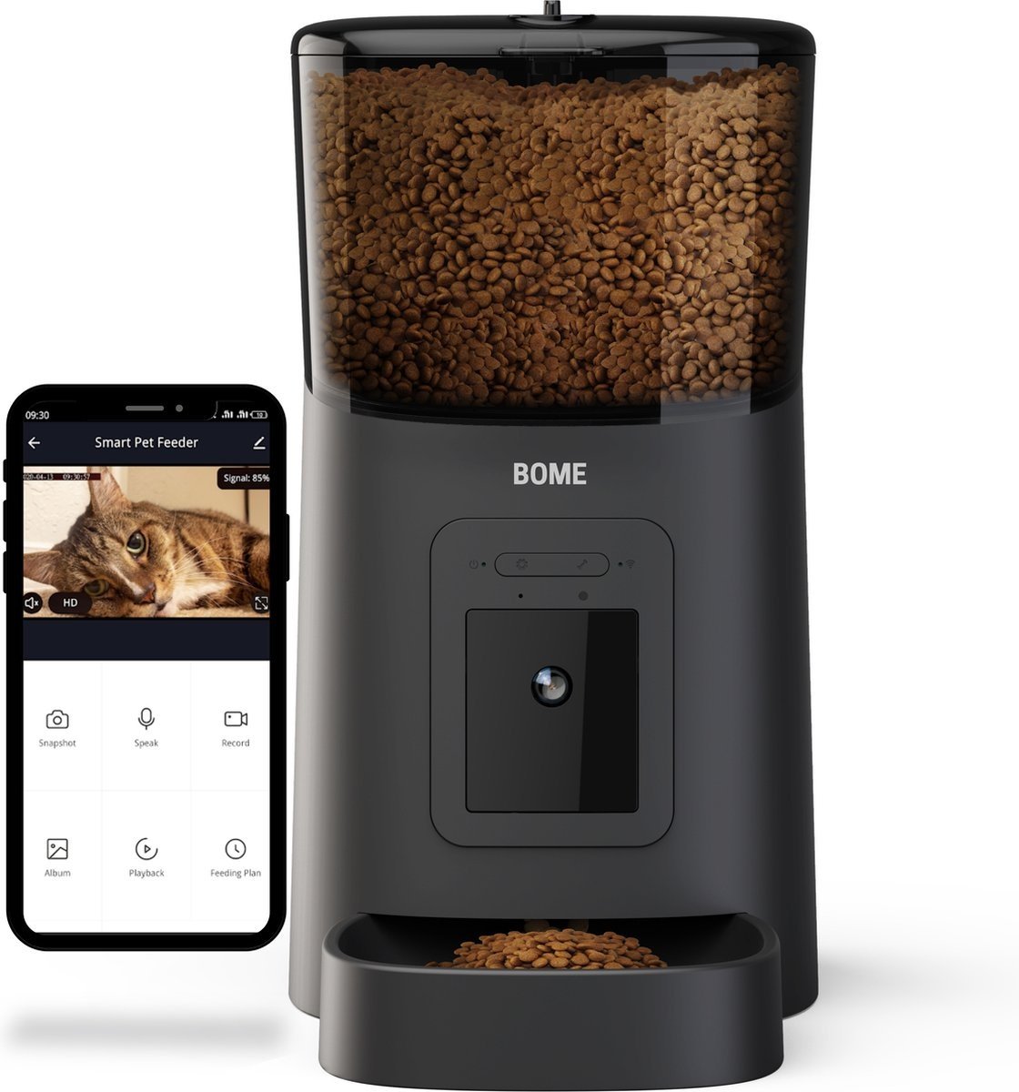 BOME - Automatische Voerbak voor katten en honden op afstand - Camera en Audio incl. SD-Kaart - Zwart