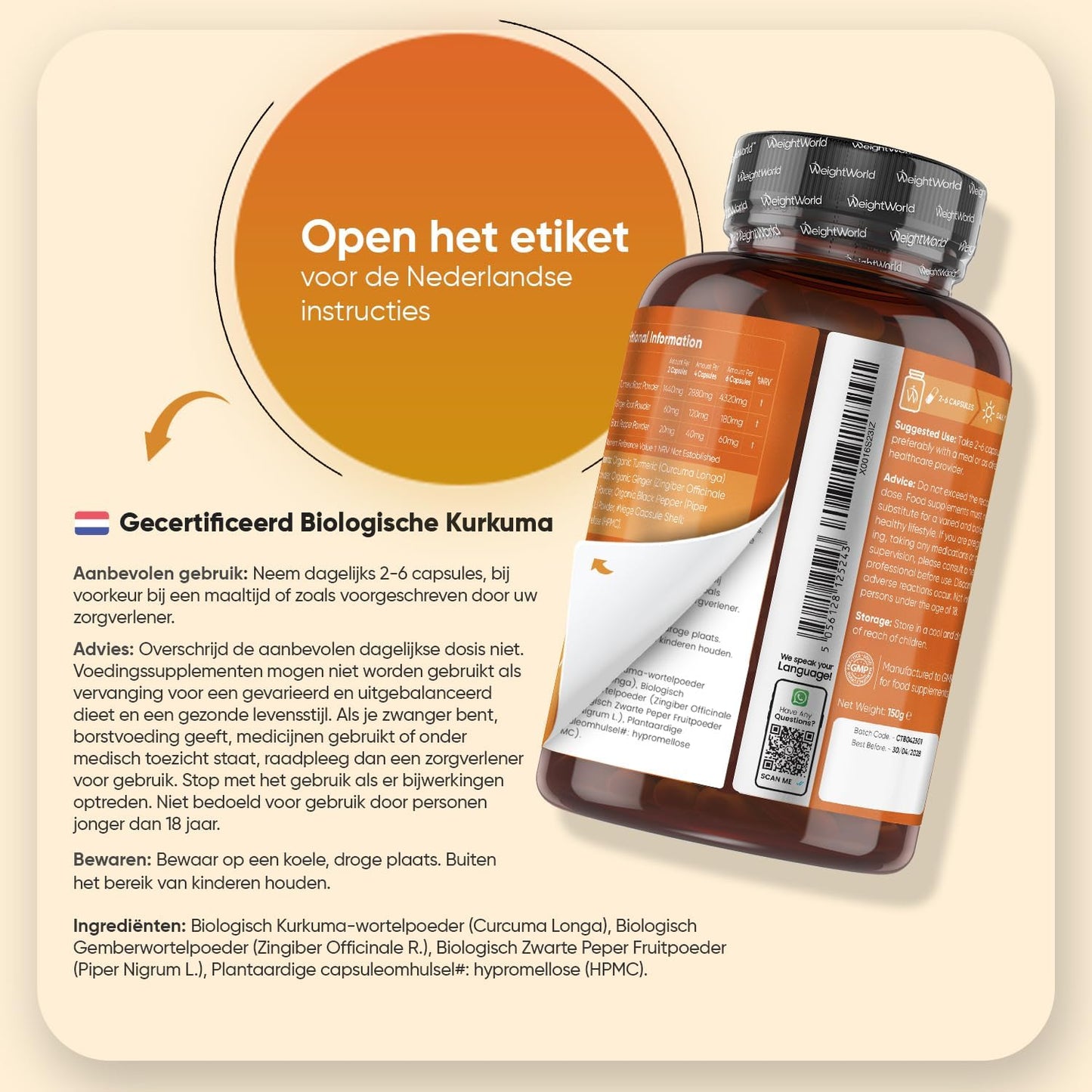 WeightWorld Biologische Kurkuma Capsules 1520 mg – Met Gember & Zwarte Peper – 180 Vegan Capsules – 3 Maanden