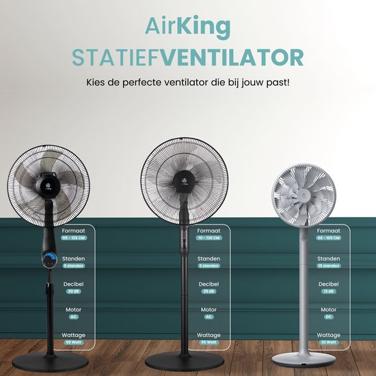 AirKing 3-in-1 Statiefventilator met afstandsbediening – Energie Zuinige Ventilator Staand met 3 Snelheidsstanden - Koelventilator met Timer en Nachtstand voor Optimale Verkoeling - Zwart