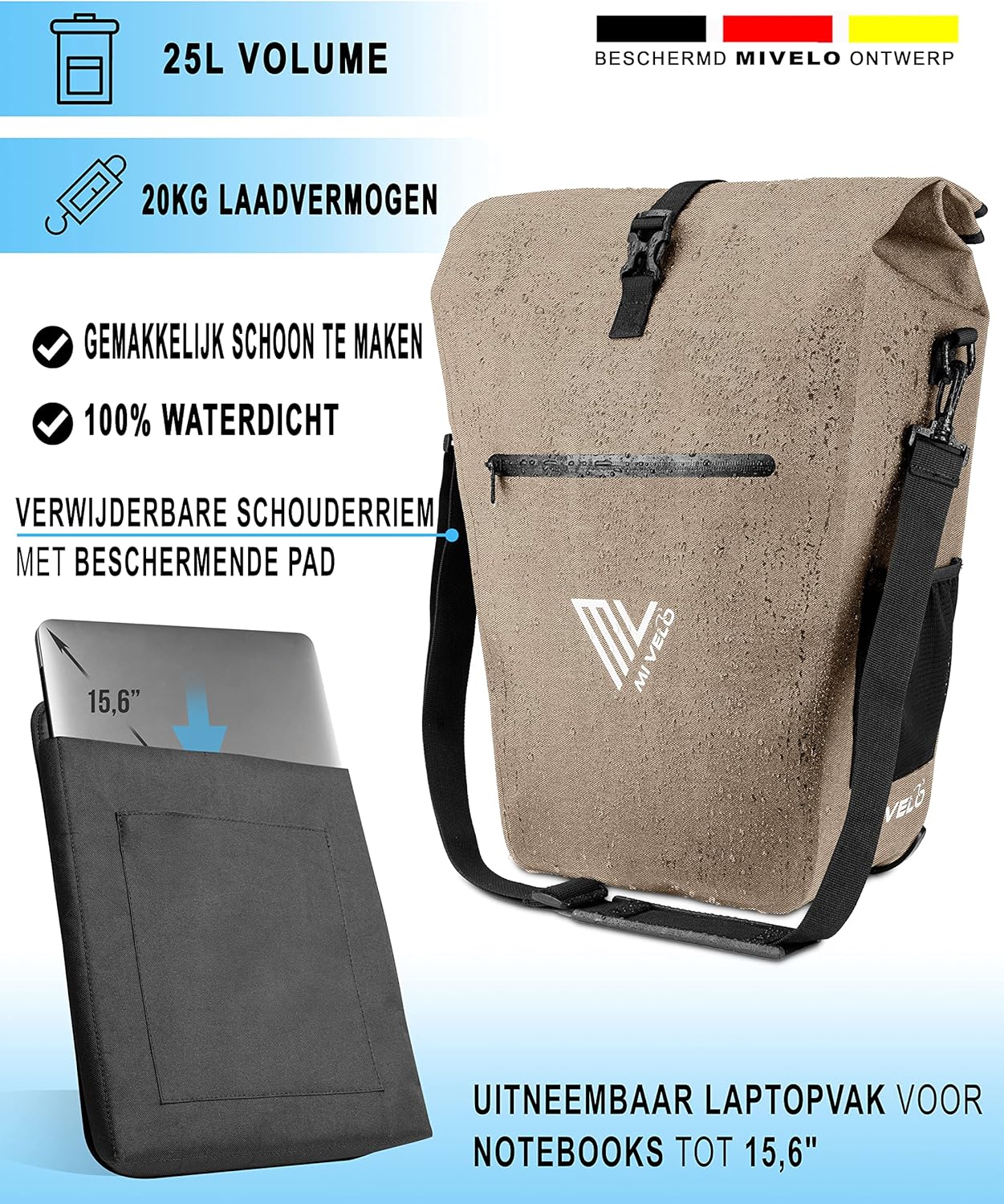 MIVELO Fietstas voor Bagagedrager - 100% Waterdicht, PVC-vrij, Laptopvak, Zandbeige