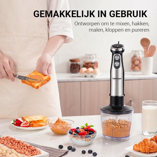 Safecourt Kitchen Staafmixer Set -  5 in 1 Multifunctionele Staafmixer - 20 Snelheden - 1000 Watt - Hakmolen - Inclusief Melkopschuimer & Maatbeker