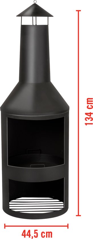 BBQ Collection Buitenhaard met Schoorsteen - Tuinhaard 134 x 44,5 x 44,5 cm - Terrashaard voor Brandhout - Terraskachel met As-Opvangbak, Pook en Houtopslag - Tuin en Terras - Carbon Staal