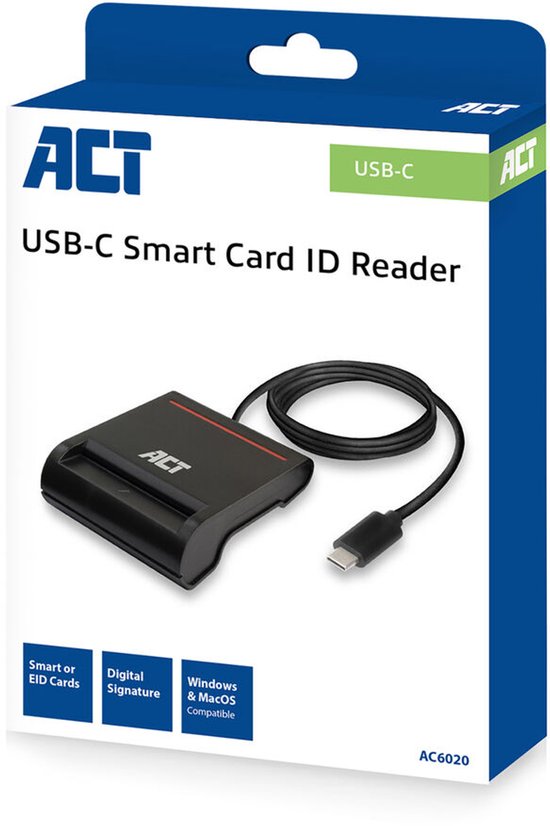 ACT Externe USB-C Smartcard eID Kaartlezer, geschikt voor Belgische ID-kaarten AC6020