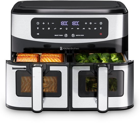 KitchenBrothers Dubbele Airfryer - 2400W - Dual Zone - 9L - Heteluchtfriteuse - Airfryer XXL - 2 x 4.5L - 10 Kookprogramma's - RVS/Zwart