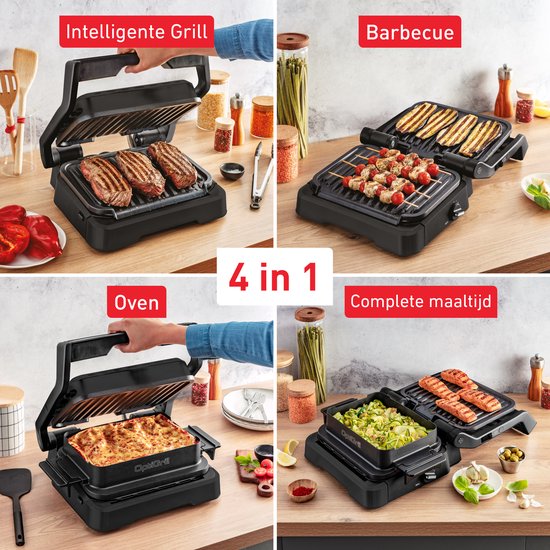 Tefal OptiGrill 4in1 GC7748 – Intelligente Contactgrill – Grill, Tafelbarbecue, Oven en Complete Maaltijd – 9 Automatische programma's – Gaarheidsindicator – 2100W – Zwart/RVS