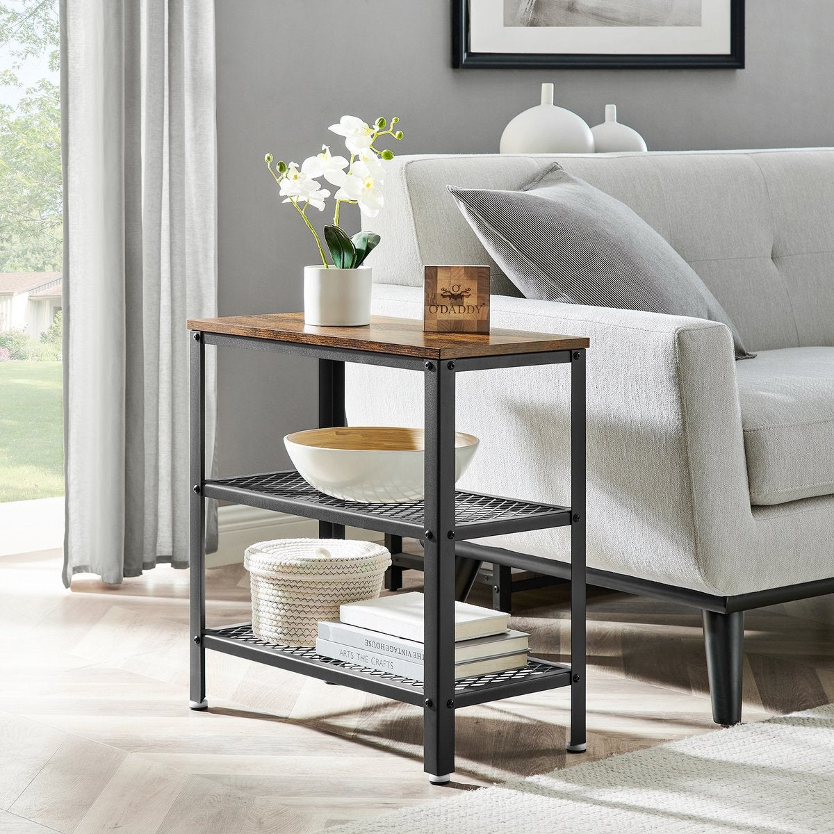 O'DADDY® Wandtafel - Sidetable Industrieel - met 2 gaasplanken - bijzettafel 60x30x60 cm - Haltafel - kleur bruin