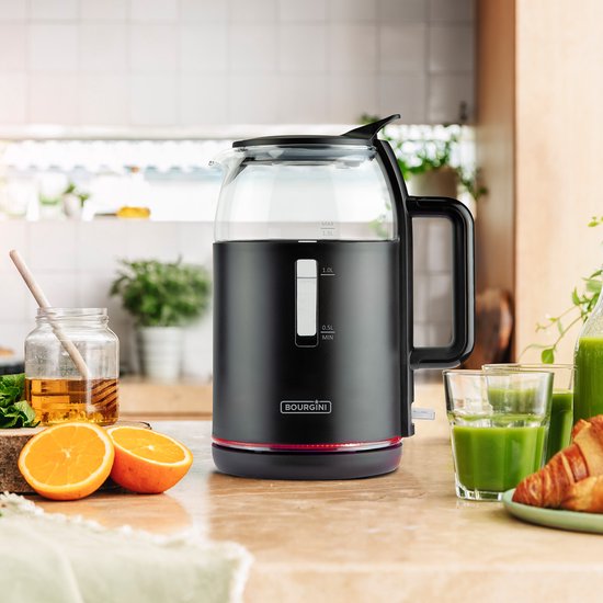 Bourgini Glazen Waterkoker - Mat Zwart - Snoerloos te gebruiken - Gemakkelijk vullen door deksel - ruime 1.5L inhoud - BPA vrij