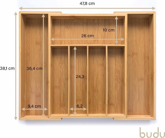 Budu Uitschuifbare Bamboe Bestekbak #38 (38 cm diep) - Bestekcassette Hout - Besteklade - 38 x 29,5 - 47,8 cm - 5/7 vakken