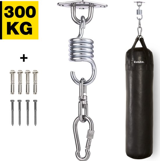 Zoluko RVS Ophangsysteem - 300 KG Draagkracht - 360° vrij draaibaar - Geluiddempende Veer - Bokszak Ophangsysteem - Plafondbeugel - Plafondhaak - Ophanghaak - Schroefhaak - Chroom
