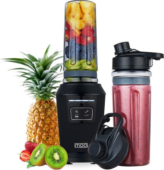 MOA Blender - Blender to Go - Mini Blender - 2 Tritan Bekers van 600ml - Smoothie Maker - 800W - Zwart - MB10B
