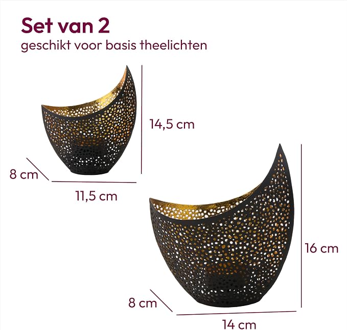 Gadgy Metalen Theelichthouders Modern - Set van 2 - Gouden Binnenzijde