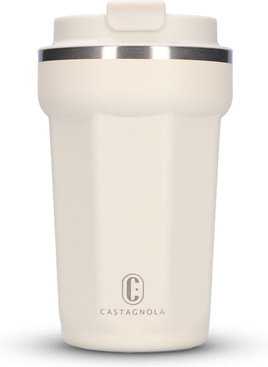 Castagnola Thermosbeker - Koffiebeker To Go - Travel Mug voor Koffie en Thee - Theebeker - 380 ML - RVS - Offwhite - Octagon