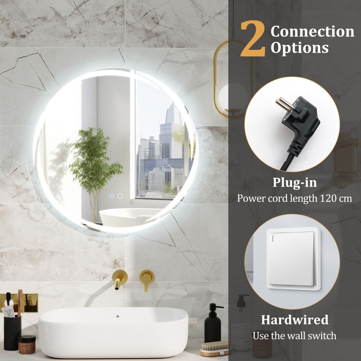 Coast 60x60 cm LED Badkamerspiegel Rond Zilver met Dimbare 3-Kleurenverlichting, Anticondens en Geheugenfunctie