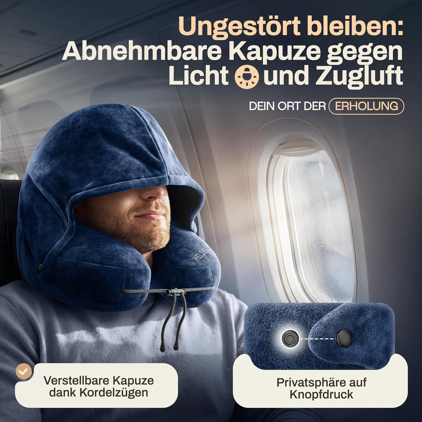 Heldenwerk Premium Air Nekkussen Opblaasbaar - Donkerblauw - Inclusief Capuchon en Oordopjes