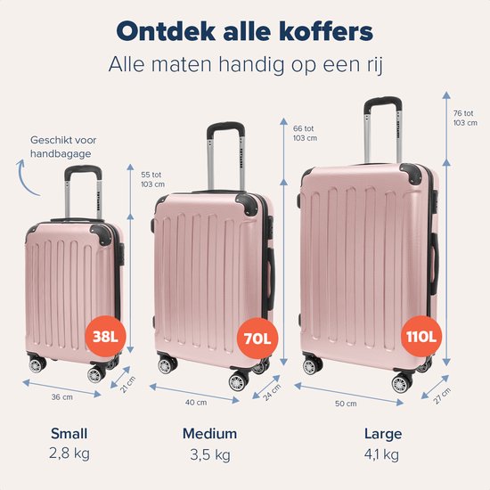 TRVLMORE Kofferset - 3 Delig - 38L Handbagage + 70L en 110L Ruimbagage - Lichtgewicht - Trolley - Reiskoffer Set - Roségoud
