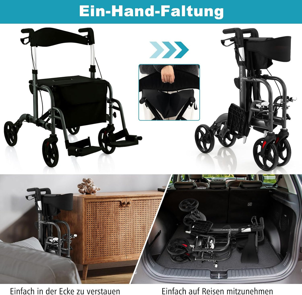 Coast Opvouwbare Rollator - Multifunctioneel - Verstelbare Hoogte - Met Tas en Stokhouder - Zwart