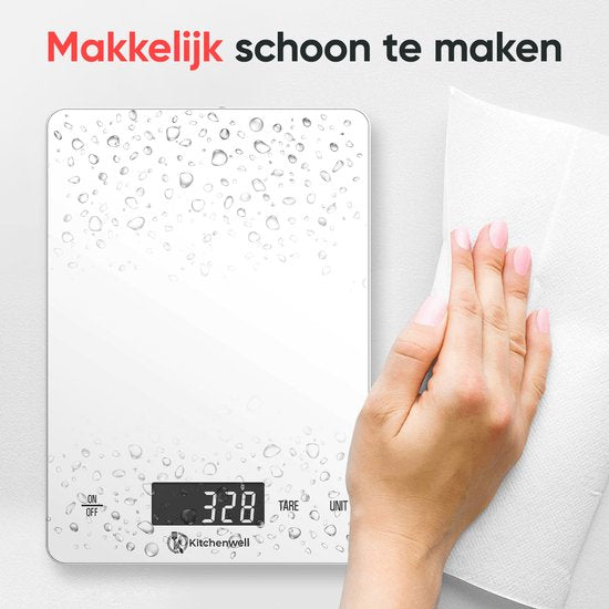 Kitchenwell Digitale Precisie Keukenweegschaal – Weegschaal Keuken - 1gr - 15kg – Tarra Functie - USB Oplaadbaar - Wit