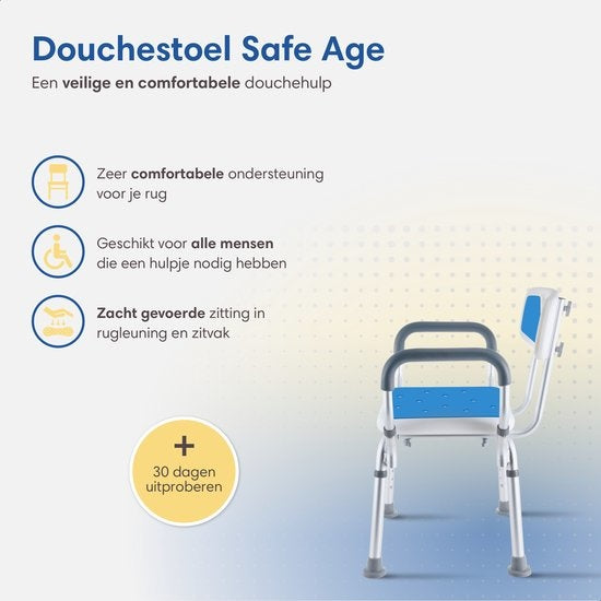 SafeLife – Douchestoel Met Rugleuning – In 6 Hoogtes Verstelbaar & Anti-slip Poten – Voorzien Van Gevoerd Zitvlak En Afneembare Armleuningen – Voor Ouderen En Revalidatie – Wit Aluminium