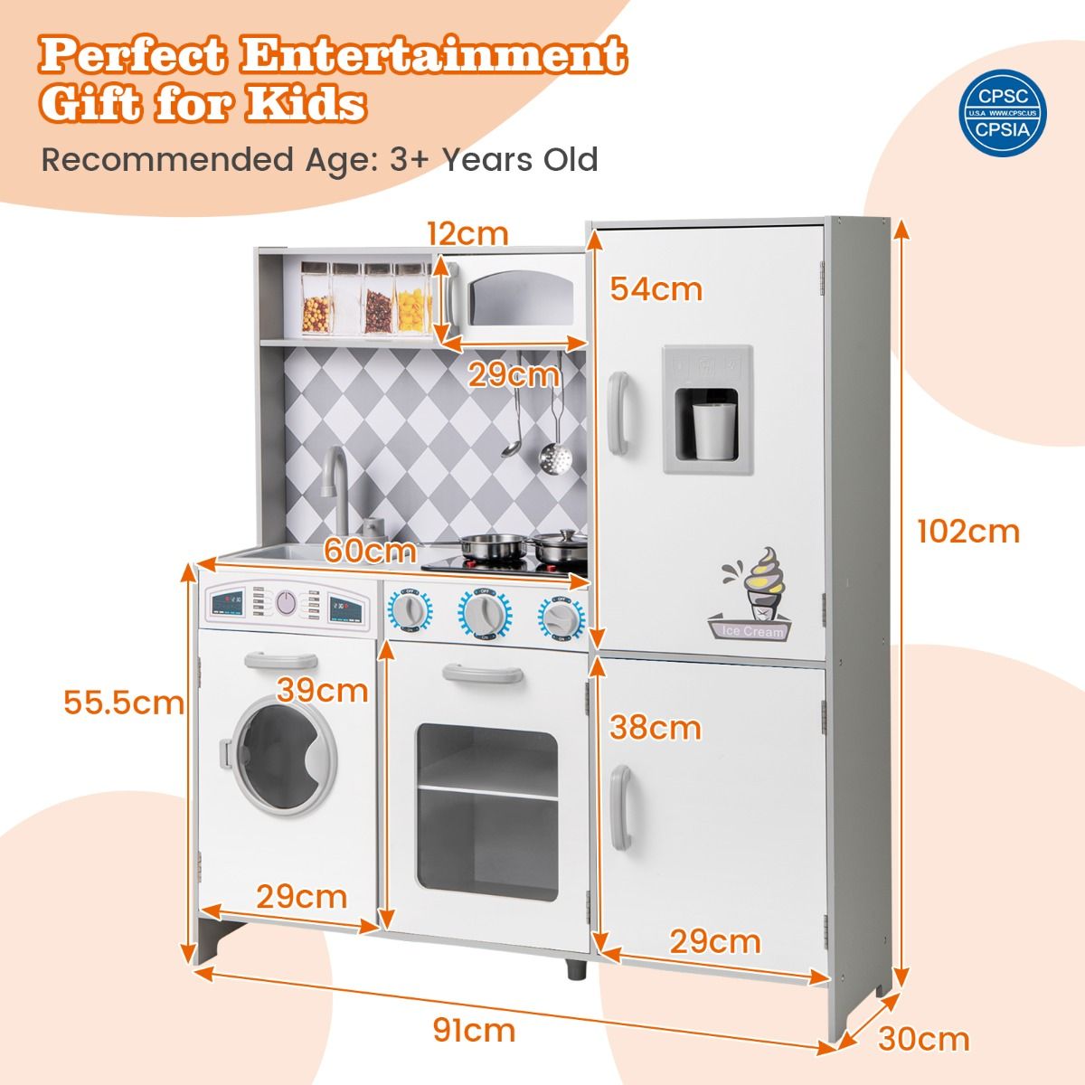 Coast Houten Speelkeuken XXL - Fornuis met Licht & Geluid, Ijsmachine, Wasmachine - 91 x 30 x 102 cm - MDF/Kunststof - Wit