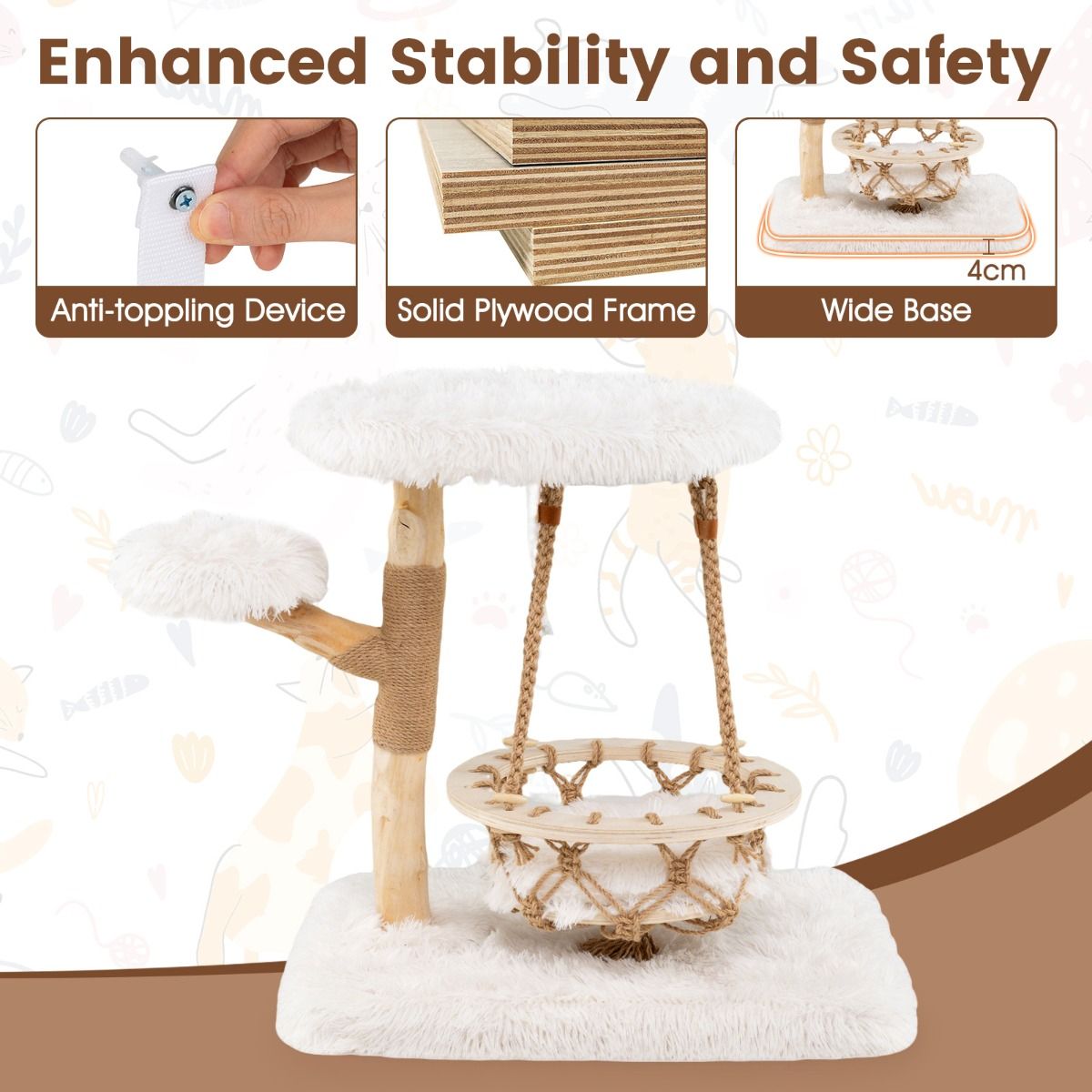 Coast Krabpaal voor Katten - Massief hout met hangwieg en sisal - Natuur en wit - 64 x 44 x 66 cm