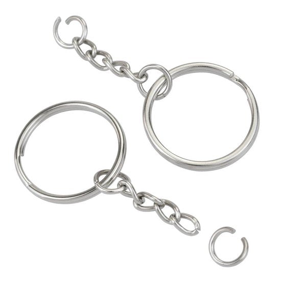 Sleutelringen met Ketting - 100 RVS Sleutelhanger Split Ringen - Sleutel Hanger Splitringen Set - 25 mm - 100 Stuks - Inclusief sleutelhanger met huisje