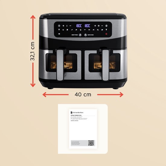 KitchenBrothers Dubbele Airfryer - 2400W - Dual Zone - 9L - Heteluchtfriteuse - Airfryer XXL - 2 x 4.5L - 10 Kookprogramma's - RVS/Zwart