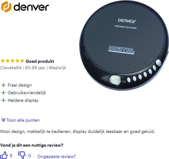 Denver Discman - Draagbare CD Speler - Inclusief Oordopjes - CD/CD-R/CD-RW - DM24MK2