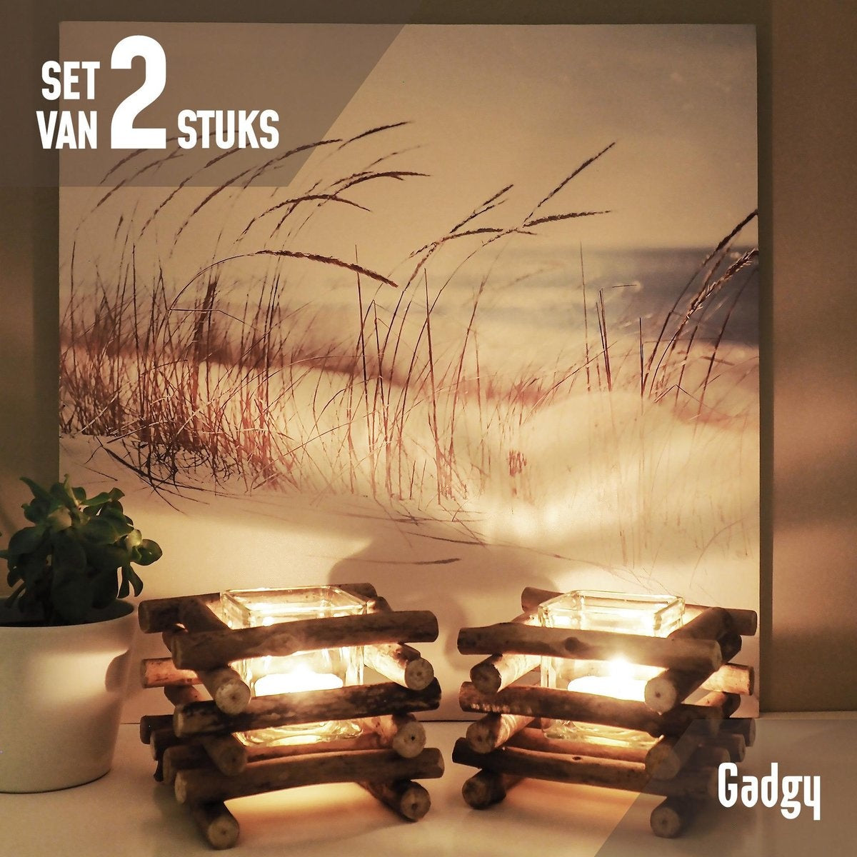 Gadgy - Waxinelichthouder - Drijfhout - set van 2 - 15x15cm