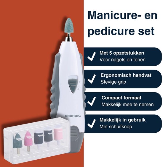 Grundig Manicureset Elektrisch 5-in-1 - Manicureset voor Handen en Voeten - Elektrische Pedicureapparaten met 5 Opzetstukken - Compacte Set voor Thuis en Reizen