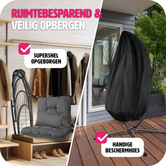 tectake® - Luxe hangstoel - opvouwbare en draaibare egg chair met standaard - dikke kussens - antislipvoeten - inclusief beschermhoes. Ideaal voor tuin, terras, slaapkamer - donkergrijs