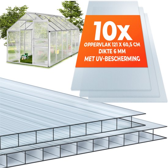 tectake® - Set van 10 Polycarbonaat Platen - Stevige lichtdoorlatende, UV-Bestendige dubbelwandige platen - 121 x 60,5 cm - 7,32m² totaal - Transparant - Broeikas plaat - 6mm dik