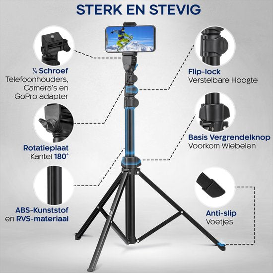 Studio ME Telefoon Statief - 170 cm - Tripod Smartphone - Zwart - Camera Statief - Telefoonhouder - Incl. Bluetooth Afstandsbediening - Tripod Iphone - Statief Telefoon