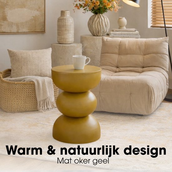 Mica Decorations Luna Salontafel - Nachtkastje voor Slaapkamer - Bijzettafel H46 x Ø32 cm voor Woonkamer - Rond Tafeltje voor Vaas of Planten - Gemaakt van IJzer - Kleur Oker