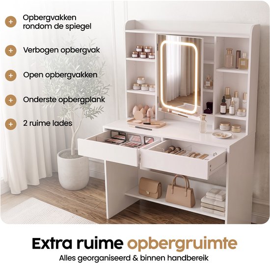 Infinity Goods Kaptafel met LED Spiegel - Make Up Tafel - Extra Veel Opbergruimte - Dimbaar - Wit