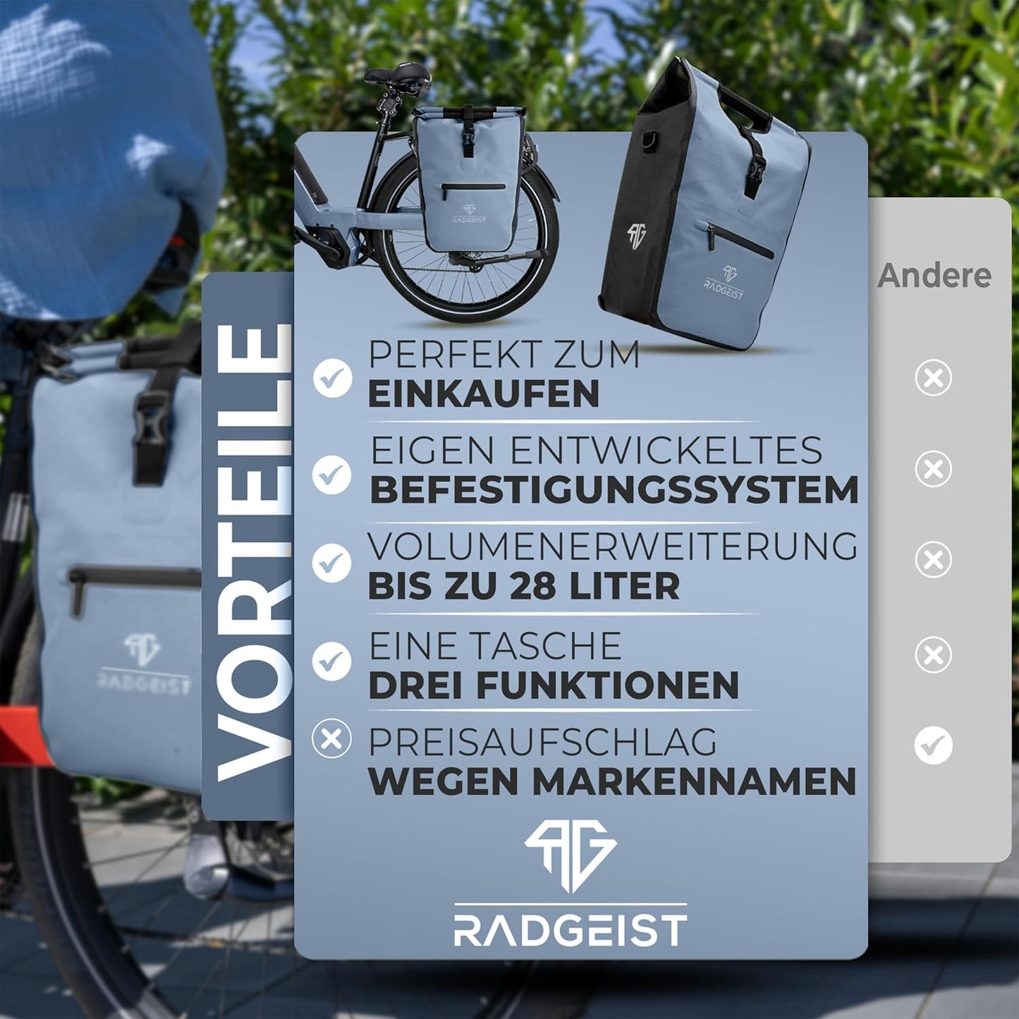RADGEIST fietstas voor bagagedrager I fietstas shopper met uitneembare koeltas I boodschappentas & boodschappendraagtas 22-28 liter - blauw