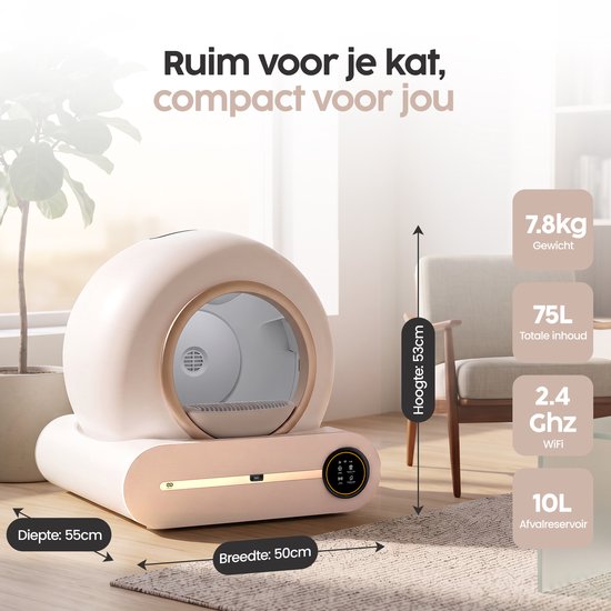 Infinity Goods Automatische Kattenbak XXL - Zelfreinigende Kattenbak - Incl. App - 75L - Met Kattenbakmat en 3 Rollen Opbergzakjes - Wit/Roségoud