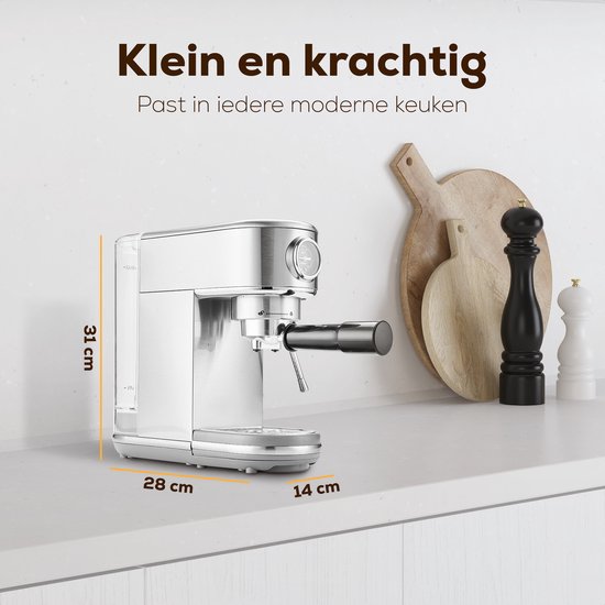 KitchenLove Pistonmachine - RVS Espressomachine - 20 Bar - Handmatig - Met Stoompijpje