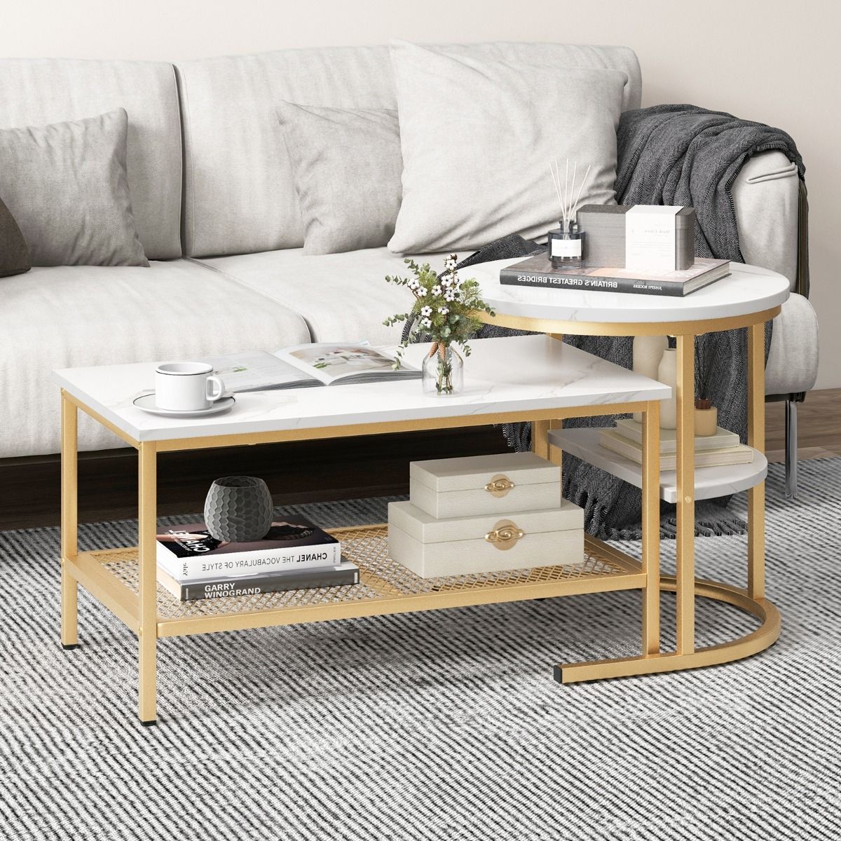 Coast Set van 2 Bijzettafels - Marmerlook tafelblad - Gouden metalen frame - Rond en rechthoekig