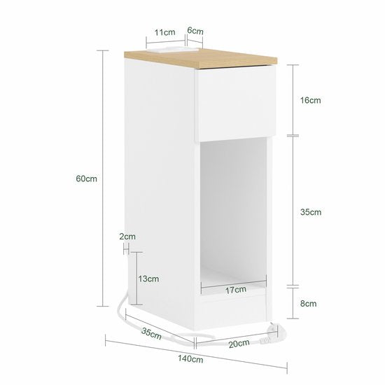 SoBuy 2-delige Slim Nachtkastje met Oplaadstation, Smal Bijzettafeltje met Standaard Stopcontact, USB-poort en Type-C Poort voor Slaapkamer en Woonkamer, B20 x D35 x H60 cm, Wit, FBT111-E-WNx2