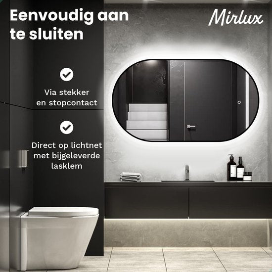 Mirlux Badkamerspiegel met LED Verlichting & Verwarming – Wandspiegel Ovaal – Anti Condens Douchespiegel - Zwart - 90x50CM