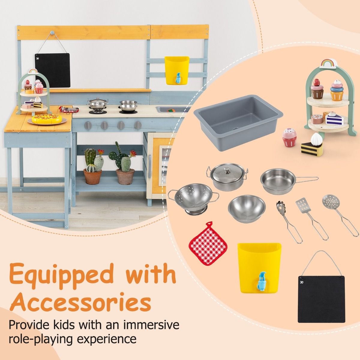 Coast Speelkeuken voor kinderen - 2-in-1 speelkeuken en eethoek - met opbergruimte en accessoires - grijs - 150 x 71 x 99 cm