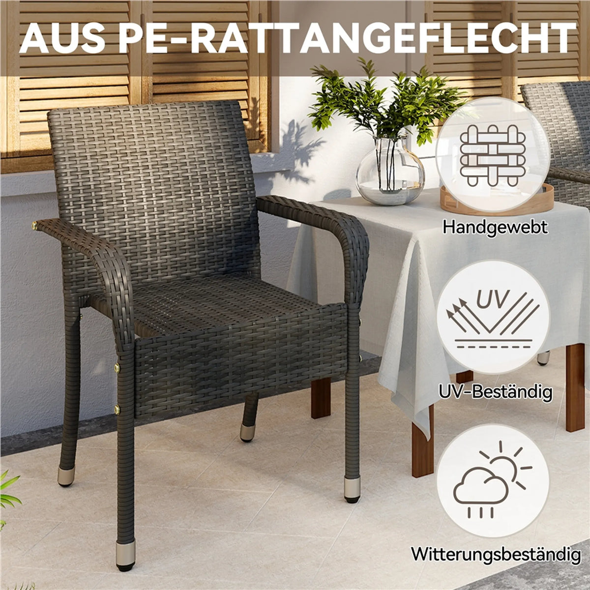 Yaheetech Set van 2 Stapelbare Tuinstoelen van PE-Rattan 58x58x84 cm – Sfeervol Grijs – Rattan en Metaal