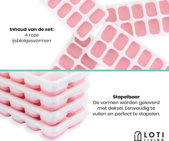 Loti Living IJsblokjesvorm - 4 stuks - Roze - IJsvormpjes - Siliconen IJsblokjesvorm - IJsblokjes - BPA Vrij