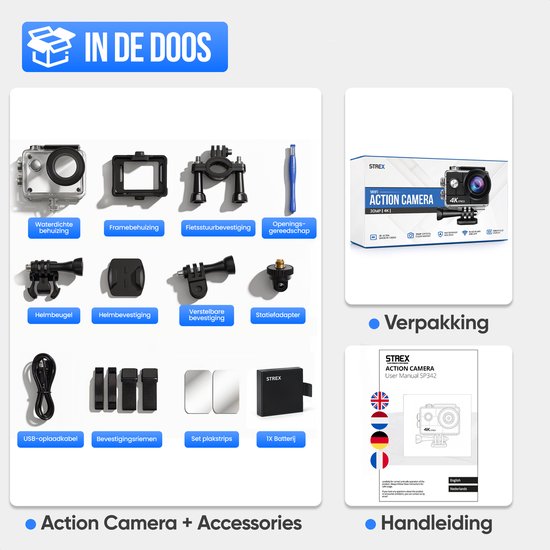 Strex Action Camera 4K 30MP - Tot 30 meter Waterdicht, EIS Stabilisatie & WiFi App - Waterdichte 60FPS Onderwatercamera - Bodycam - Actie camera